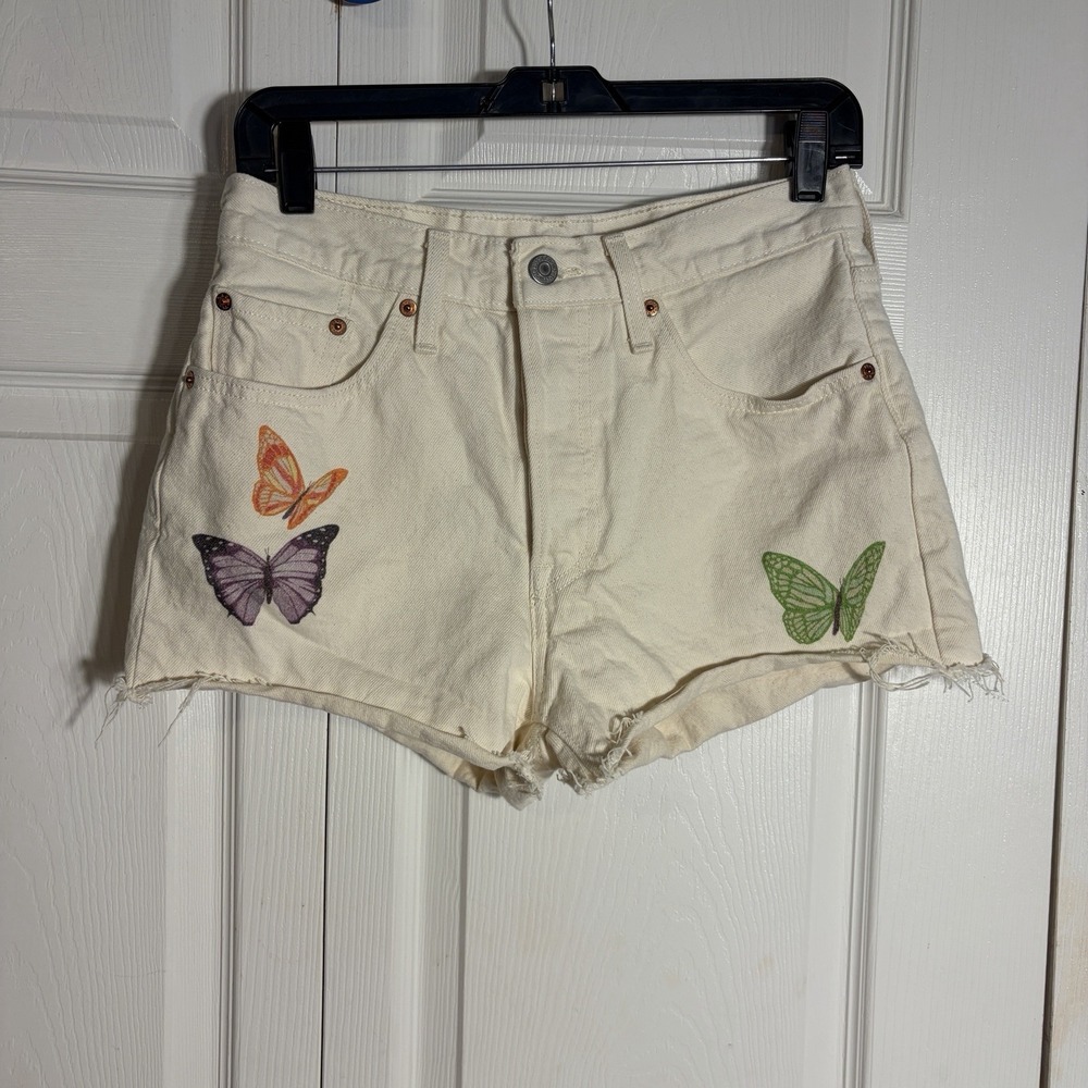 Levis 501 Button Fly Denim Cutoff Shorts Women 27 Cream Butterfly Print Raw Hem